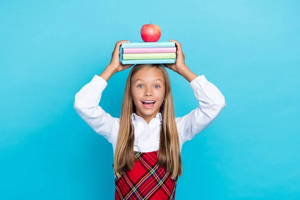 Photo Cheerful Adorable Girl Hands Hold Pile Stack Book Fresh — ストック写真