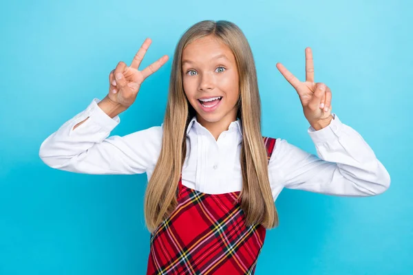 Photo Young Cute Positive Schoolkid Girl Showing Two Sign Hello — Stockfoto