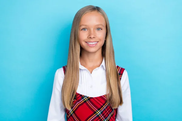 Photo Young Little Schoolgirl Wear Formalwear Costume Toothy Smile Positive — Stockfoto