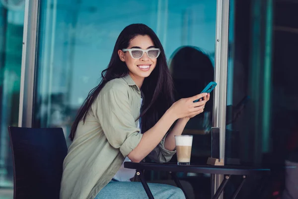 Photo Positive Funny Girlfriend Wear Green Outfit Dark Glasses Sitting — Foto de Stock