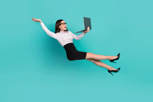Full Size Photo Lady Marketer Falling Levitate Air Netbook Discount — Stok fotoğraf