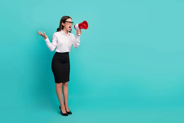 Full Body Photo Angry Lady Executive Screaming Loudspeaker Firing Workers — Foto de Stock
