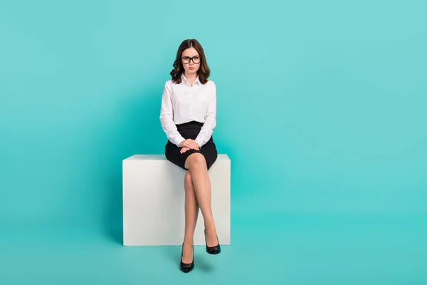 Full Length Portrait Confident Successful Person Sitting Podium Isolated Turquoise — Stockfoto