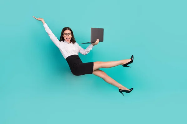 Full Body Photo Excited Crazy Lady Hold Use Wireless Netbook — Stockfoto