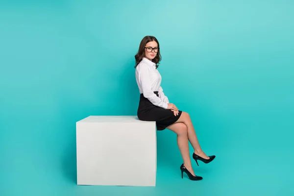 Full Body Photo Stunning Lady Professor Sitting Podium Wait Partners —  Fotos de Stock