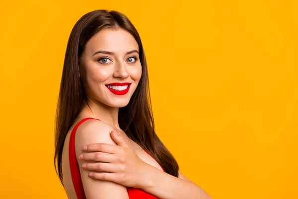 Profile Photo Stunning Positive Girl Hand Touch Shoulder Toothy Smile — Stockfoto