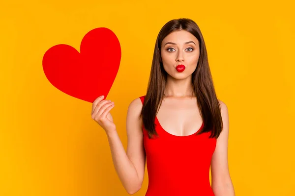 Portrait Adorable Charming Lady Kiss Lips Hold Big Paper Heart — Stockfoto