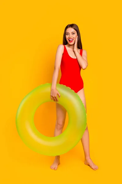 Full Body Vertical Portrait Astonished Gorgeous Girl Hold Inflatable Ring — Photo