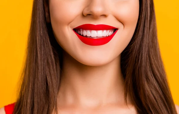 Close Cropped Portrait Charming Gorgeous Lady Beaming Smile Isolated Yellow — Stock Fotó