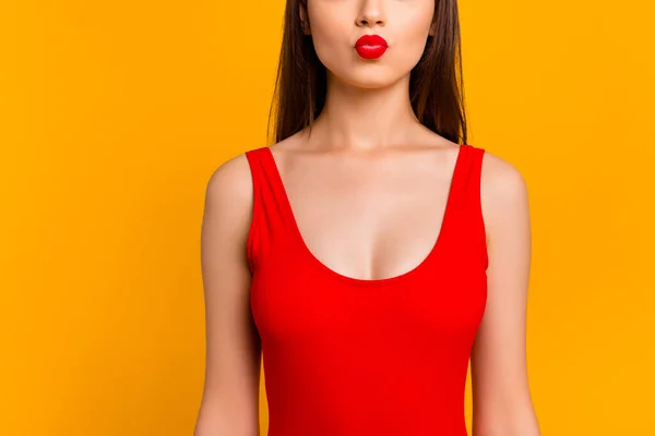 Cropped Portrait Lovely Gorgeous Lady Pouted Lips Kiss Isolated Yellow — Photo