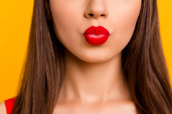 Close Cropped Portrait Adorable Pretty Girl Pouted Lips Kiss Isolated — Zdjęcie stockowe