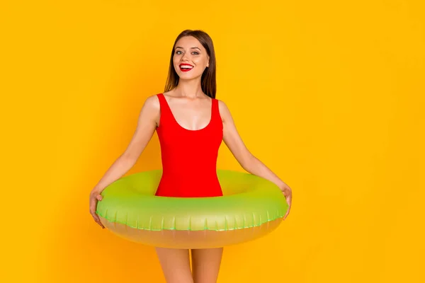 Photo Cute Shiny Woman Wear Swimsuit Empty Space Standing Buoy — Stok fotoğraf