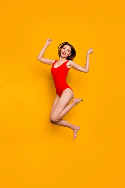 Full Size Vertical Portrait Delighted Overjoyed Gorgeous Person Jump Raise — Fotografia de Stock