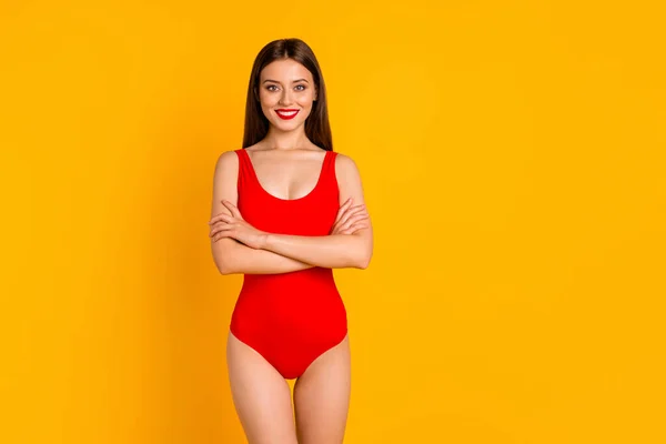 Portrait Stunning Cheerful Young Girl Crossed Arms Toothy Smile Empty — Stok fotoğraf