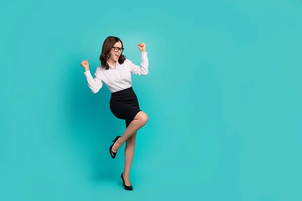 Full Size Photo Delighted Lady Marketer Fist Celebrate Achievements Isolated — Foto de Stock