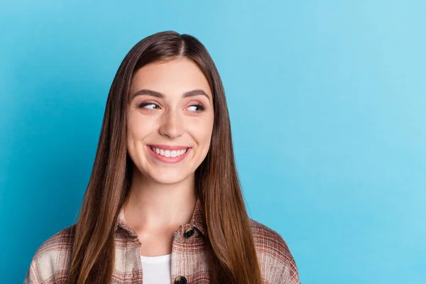 Portrait Charming Satisfied Minded Lady Toothy Smile Look Empty Space — Stock Fotó