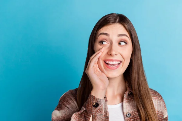 Portrait Pretty Cheerful Girl Hand Open Mouth Look Interested Empty — Stock Photo, Image