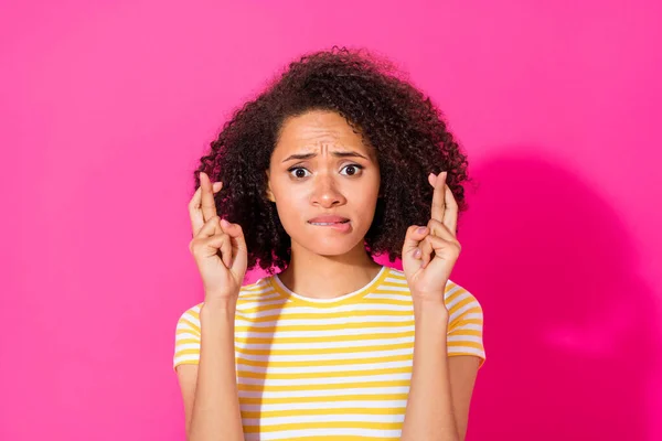 Close Photo Nice Young Lady Fingers Crossed Hope Wish Luck — Stockfoto