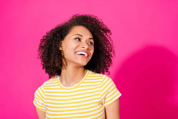 Closeup Photo Young Adorable Pretty Nice Woman Wear Striped Yellow — Stock fotografie