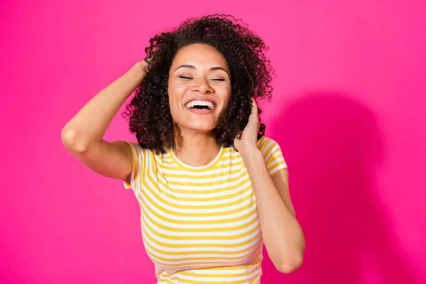 Photo Young Adorable Pretty Nice Woman Touch Chevelure Hairdo Toothy — Stockfoto