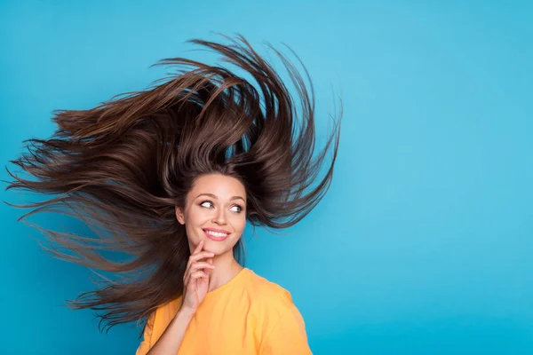 Photo Funky Cunning Girl Dressed Yellow Shirt Finger Chin Hair — Zdjęcie stockowe