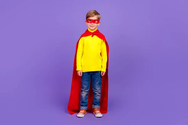 Full Length Photo Cool Charming Small Son Wear Red Superhero — стоковое фото