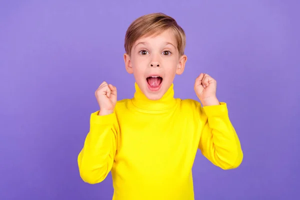 Photo Overjoyed Positive Boy Raise Fists Achievement Shout Yes Hooray — Stockfoto