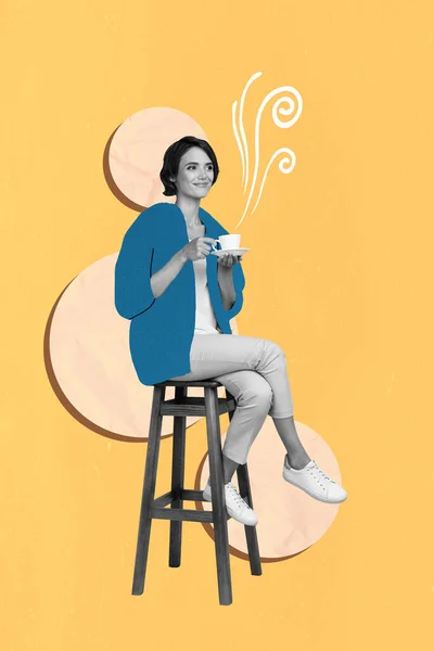 Vertical Collage Photo Nice Lovely Gorgeous Girl Sitting Chair Drinking — Stock Photo, Image