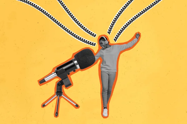 Kolaż Zdjęcie Młody Śpiewający Mikrofon Sylwetka Krzyczeć Głośno Śmieszne Abstrakcyjny — Zdjęcie stockowe