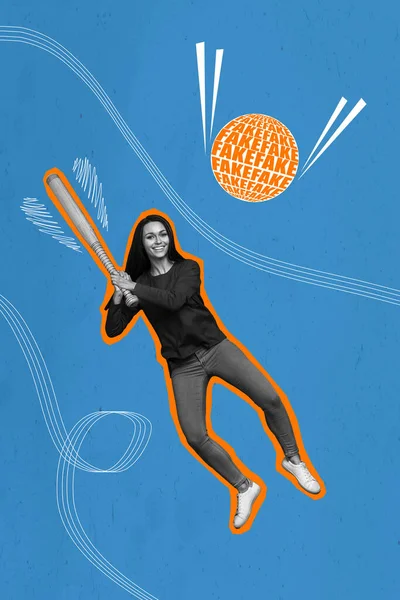 Vertical Composite Collage Excited Girl Black White Colors Hold Baseball — Stock Photo, Image