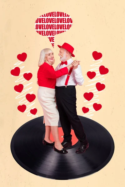 Vertical collage image of two aged people hold hands dancing big vinyl record speak love isolated on creative background.