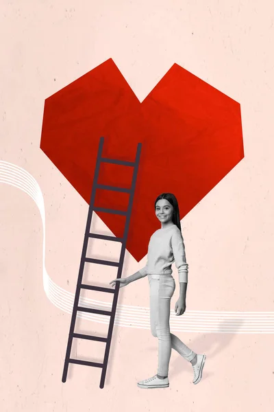 긍정적 긍정적 흑인밝은 소녀의 콜라주 베이지 배경에 빨간색 고립된 계단을 — 스톡 사진