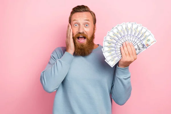 Photo Excited Staring Speechless Guy Red Hairdo Wear Blue Long — Stock Photo, Image