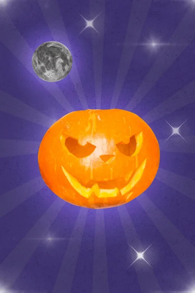 Vertical creative collage of creepy scary halloween pumpkin stars moon sky isolated on painted background.