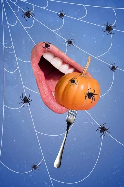 Vertical creative collage image of human mouth teeth bite fork hold pumpkin little spiders web isolated on drawing background.