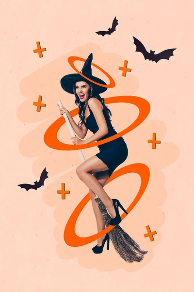 富有创意的3D拼贴艺术明信片海报模板迷人的年轻女巫在绘画背景下在狂欢节之间飞 — 图库照片