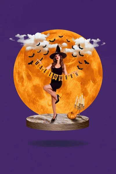 Verticale Foto Collage Strega Ragazza Miniatura Tenere Bandiere Halloween Battenti — Foto Stock