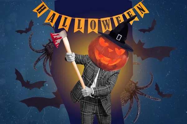 Composite collage of dangerous horrifying person halloween pumpkin instead head hands hold axe painted flying bats spiders.