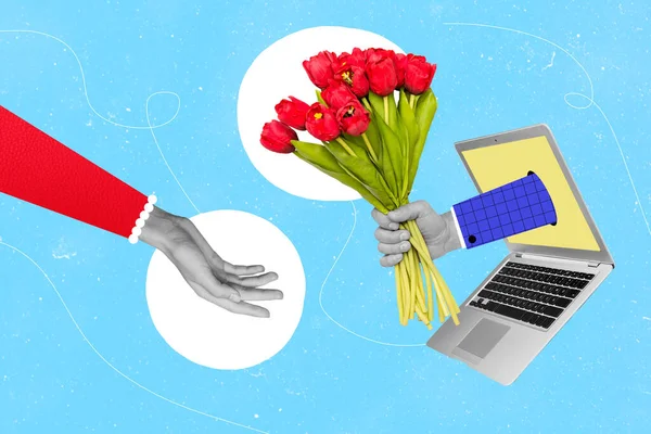 Colagem Foto Abstrato Line Laptop Internet Segurar Buquê Flores Vermelhas — Fotografia de Stock