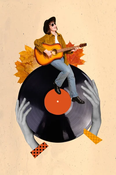 Collage Tendenza Creativa Elegante Cantante Giovane Signora Musicista Suonare Chitarra — Foto Stock