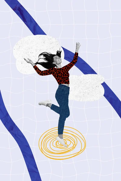 3Dレトロ抽象的な創造的なアートワークテンプレートのコラージュ平和的な興奮した若い女性のジャンプリラックスした幸せな調和のPms快適春 — ストック写真