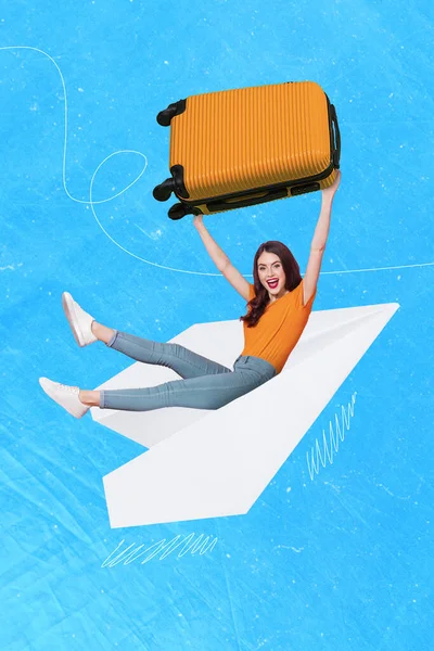 Retro abstract creative artwork template collage of excited happy young girl raising suitcase travel big paper plane abroad student tourist.