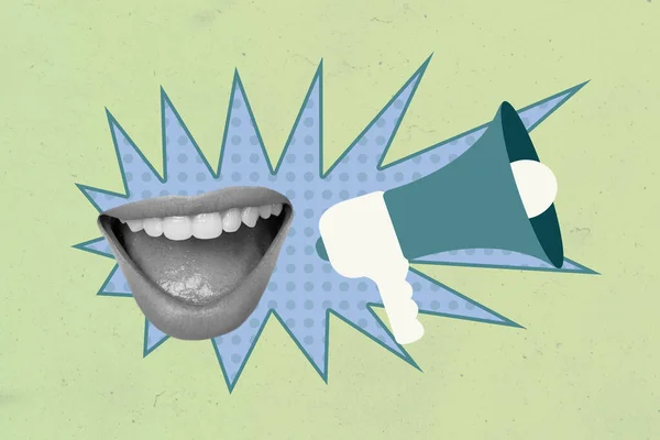 Kreatywny Kolaż Obrazu Ludzkich Ust Zębaty Uśmiech Mówią Megafon Głośnik — Zdjęcie stockowe