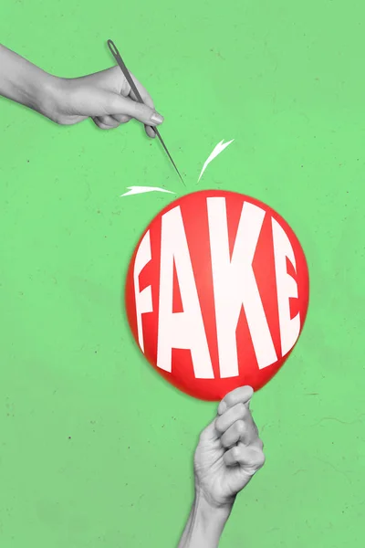 Kreatywny Trend Kolaż Rąk Trzymających Balon Fake News Napis Ostra — Zdjęcie stockowe