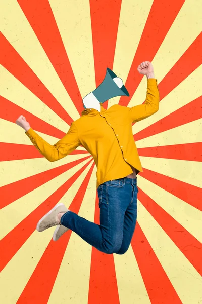 Вертикальная Картинка Коллажа Взволнованного Парня Прыгающего Поднимающего Кулаки Триумф Громкоговоритель — стоковое фото