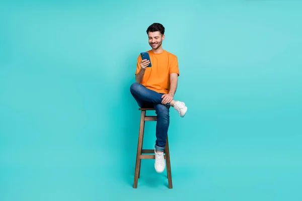 Full Body Photo Guy Influencer Sit Chair Read Feedback Network — Foto Stock