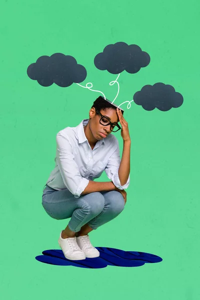 Vertical collage image of unsatisfied tired minded person head clouds brainstorm isolated on painted background.