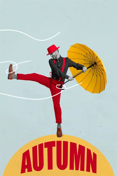 Δημιουργικό Αφηρημένο Κολάζ Πρότυπο Του Θετικού Χαρούμενος Άνθρωπος Κρατώντας Ομπρέλα — Φωτογραφία Αρχείου