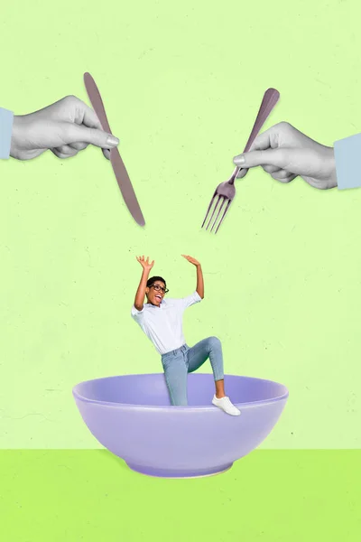 Vertical collage illustration of two big arms black white gamma hold knife fork eat mini person inside bowl isolated on drawing background.