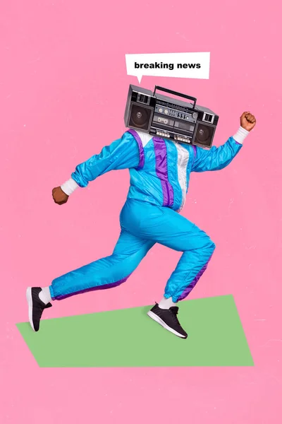 Vertical collage portrait of sportive person vintage radio instead head running hurry breaking news isolated on pink background.